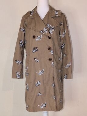 Charter Club Embroidered White & Blue Floral Print Tan Trench Coat Size Petite S